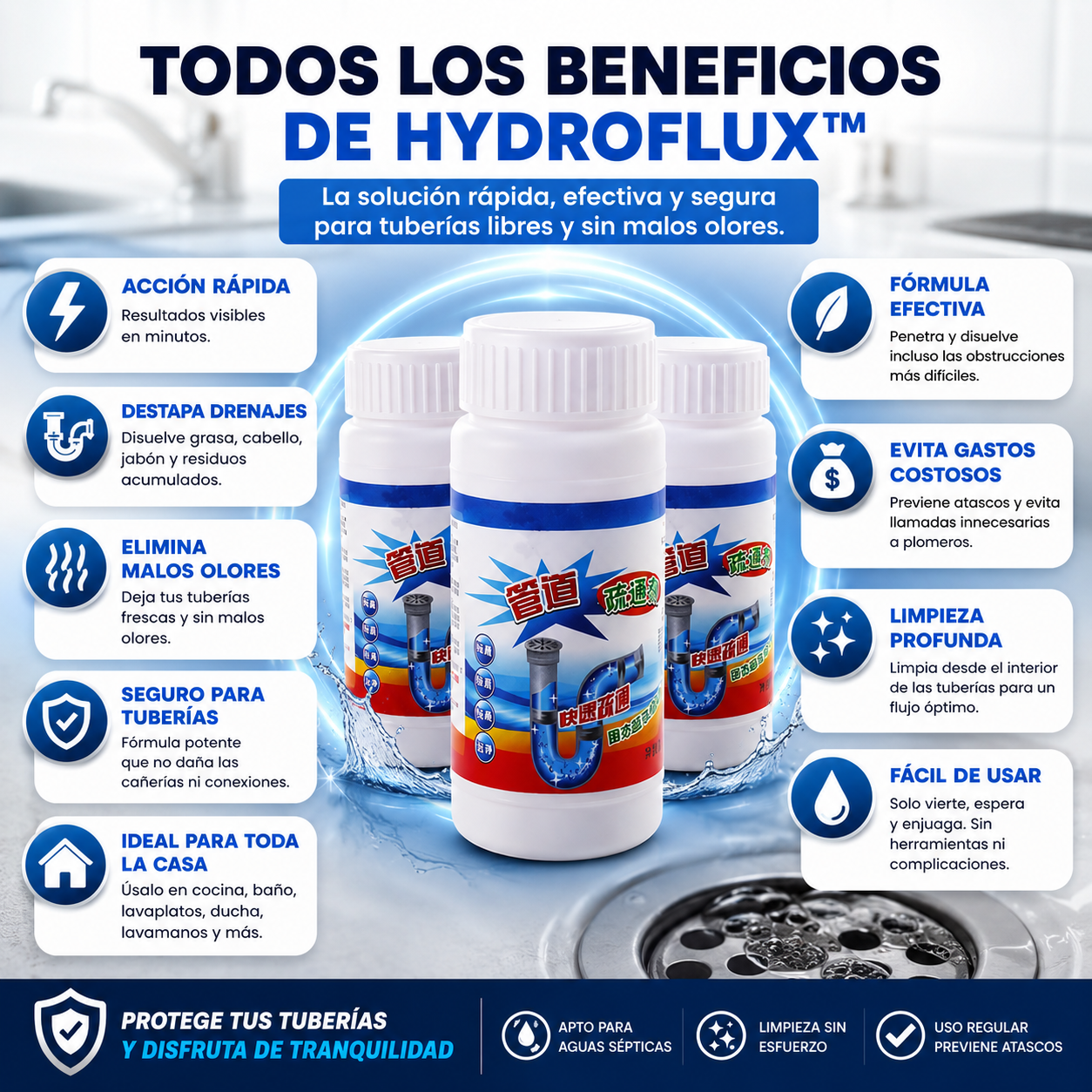 HydroFlux™ - TRIPACK Polvo Limpiador De Drenaje
