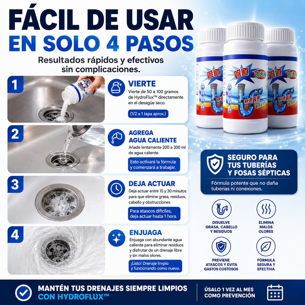 HydroFlux™ - TRIPACK Polvo Limpiador De Drenaje